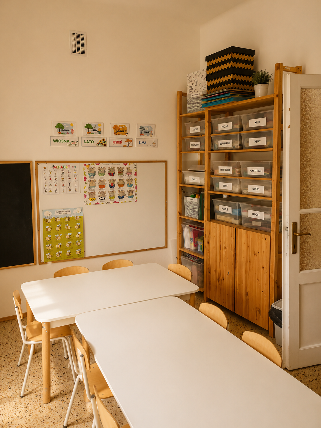 Sala z tablicami i regałem z materiałami