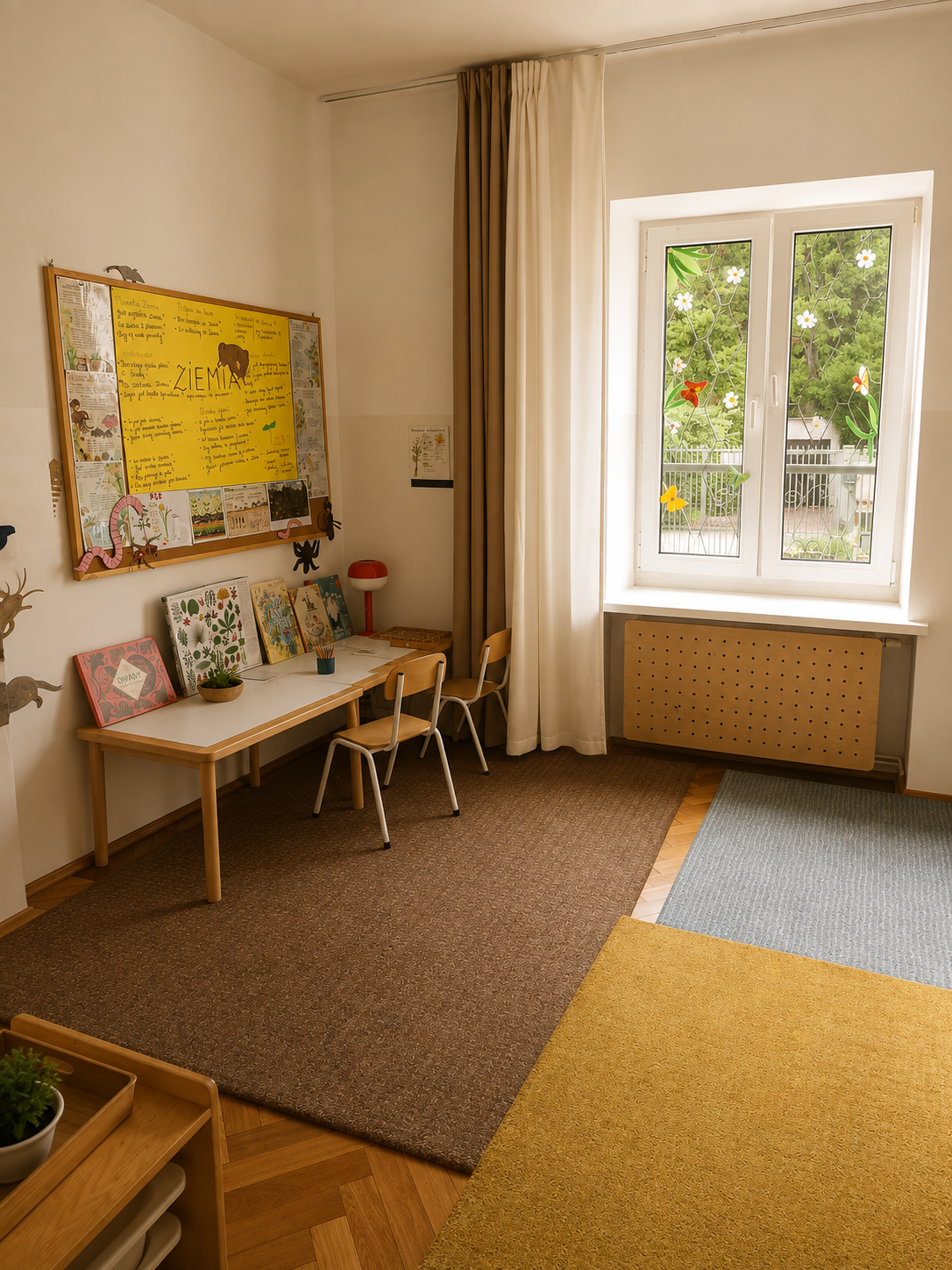 Projekt o Ziemi na tablicy i kącik z książkami przyrodniczymi