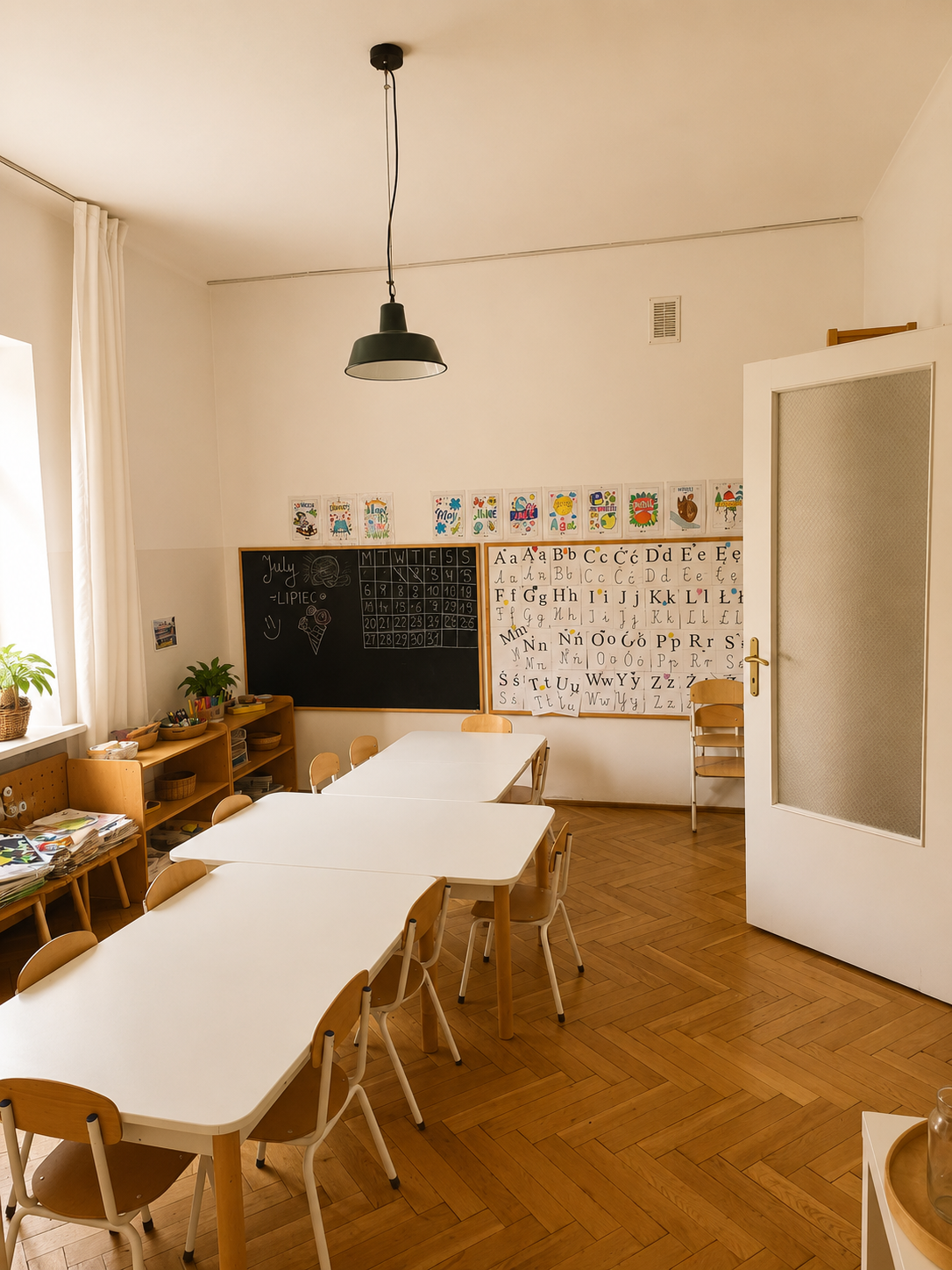 Sala z tablicą, alfabetem i pracami dzieci